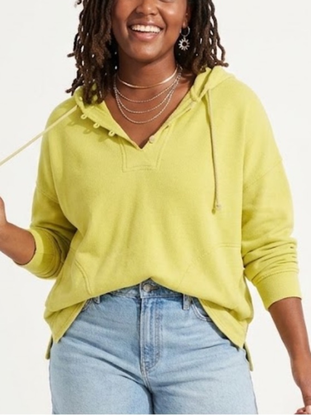 Aerie Beach Weekend Oversized Quarter-Button Henley Hoodie Yellow Size S Med